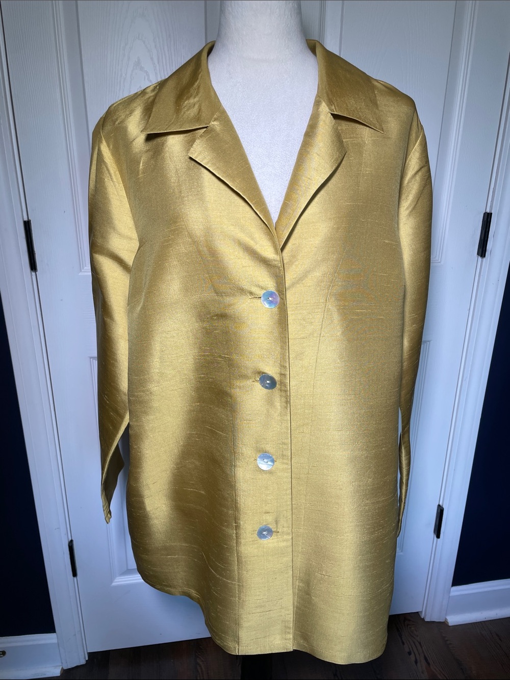 Vintage 90s Bloomingdale’s Gold Raw Silk Notch Lapel Shirt Jacket Blouse Sz 18W